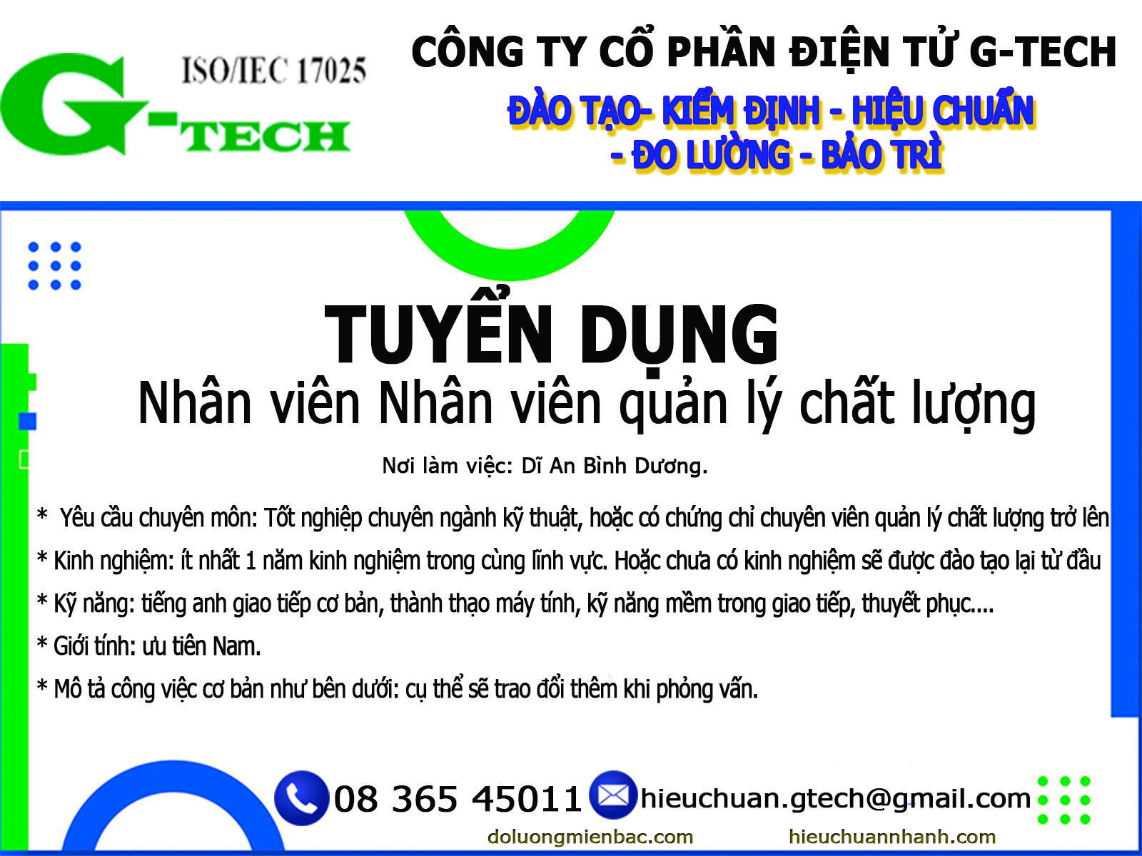 TUYỂN NHÂN VIÊN/ CHUYÊN VIÊN QUẢN LÝ CHẤT LƯỢNG QC-DV HIỆU CHUẨN G-TECH 